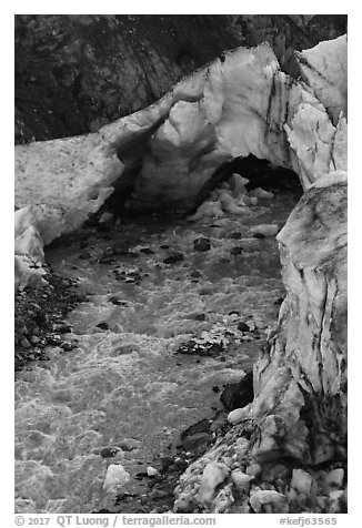 Ice arch and glacial stream, Exit Glacier, 2016. Kenai Fjords National Park (black and white)