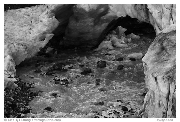 Glacial stream flowing out of ice tunnel, Exit Glacier. Kenai Fjords National Park (black and white)