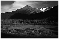 Visitor looking, Exit Glacier outwash plain. Kenai Fjords National Park ( black and white)