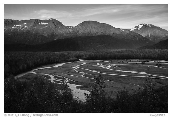 Exit Glacier outwash plain from above. Kenai Fjords National Park (black and white)