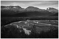 Exit Glacier outwash plain from above. Kenai Fjords National Park ( black and white)