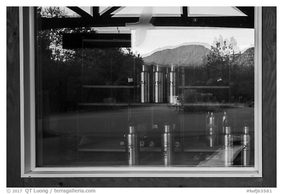 Exit Glacier Nature Center window reflexion. Kenai Fjords National Park (black and white)