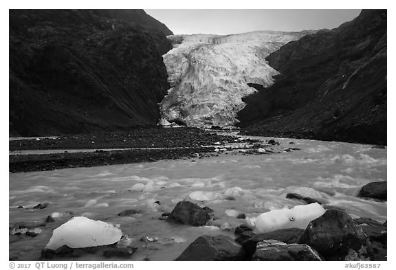 Glacial stream and Exit Glacier, 2016. Kenai Fjords National Park (black and white)