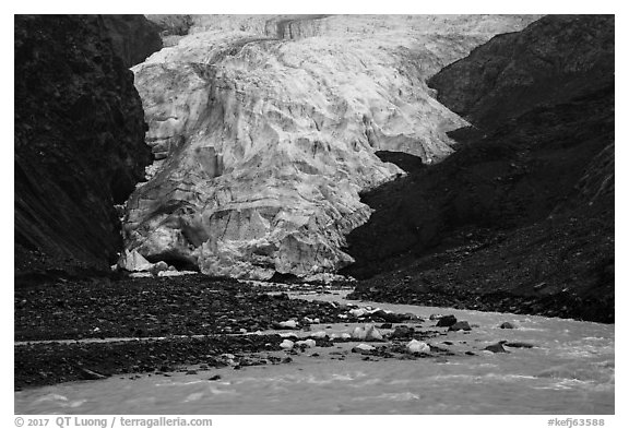 Glacial stream and Exit Glacier terminus, 2016. Kenai Fjords National Park (black and white)