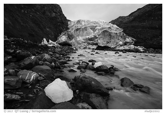 Iceberg, glacial stream, Exit Glacier terminus, 2016. Kenai Fjords National Park (black and white)
