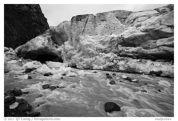 Wall of ice above glacial stream, Exit Glacier, 2016. Kenai Fjords National Park (black and white)