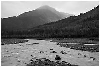 Streams on Exit Glacier outwash plain in the rain. Kenai Fjords National Park ( black and white)