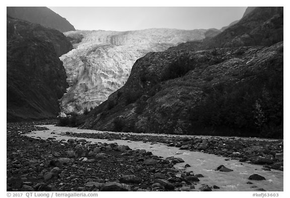 Exit Glacier viewed from glacial outwash plain. Kenai Fjords National Park (black and white)