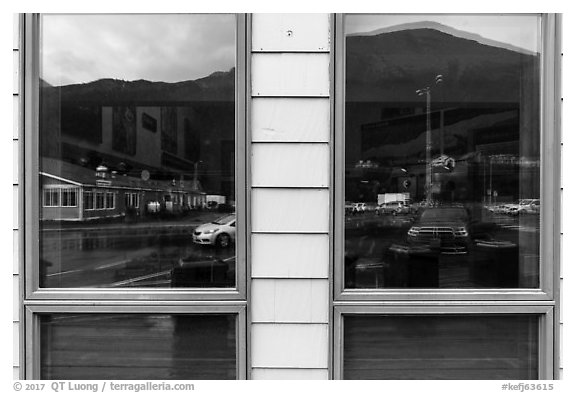 Seward, Kenai Fjords Visitor Center window reflexion. Kenai Fjords National Park (black and white)