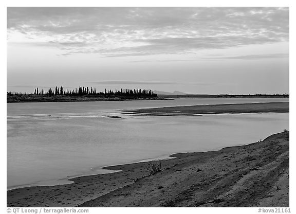 Low sandy shore of Kobuk River at dusk. Kobuk Valley National Park (black and white)