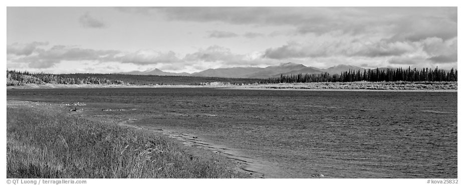 Wide river bordered by grassy banks. Kobuk Valley National Park (black and white)