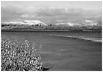 Kobuk River and Baird mountains with fresh dusting of snow, morning. Kobuk Valley National Park, Alaska, USA. (black and white)