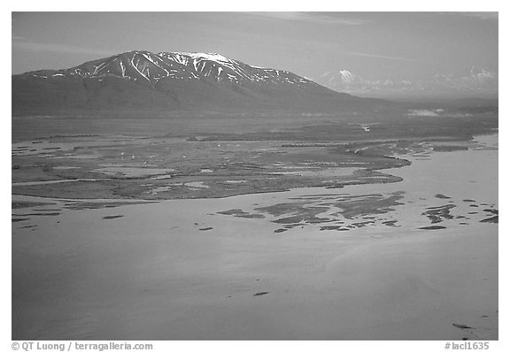 Aerial view of estuary and snowy peak. Lake Clark National Park (black and white)