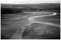 Aerial view of river and estuary. Lake Clark National Park, Alaska, USA. (black and white)