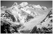 Aerial view of snowy mountains near Lake Clark Pass. Lake Clark National Park, Alaska, USA. (black and white)