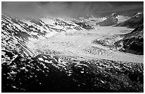 Aerial view of wide glacier near Lake Clark Pass. Lake Clark National Park, Alaska, USA. (black and white)