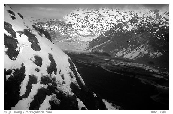 Aerial view of Tikakila River valley. Lake Clark National Park (black and white)