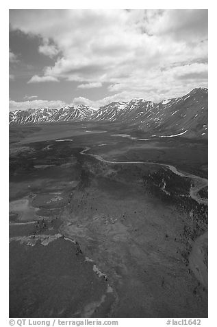 Aerial view of wide valley with Twin Lakes. Lake Clark National Park (black and white)