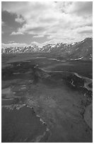 Aerial view of wide valley with Twin Lakes. Lake Clark National Park, Alaska, USA. (black and white)