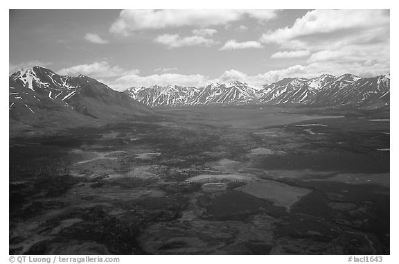 Aerial view of large valley with Twin Lakes. Lake Clark National Park (black and white)
