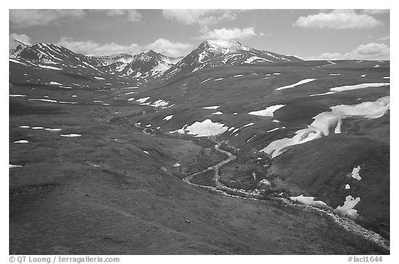 Aerial view of river and valley in the Twin Lakes area. Lake Clark National Park, Alaska, USA.