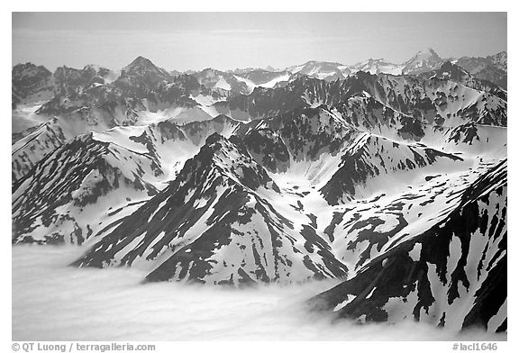 Aerial view of Chigmit Mountains. Lake Clark National Park (black and white)