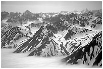 Aerial view of Chigmit Mountains. Lake Clark National Park, Alaska, USA. (black and white)