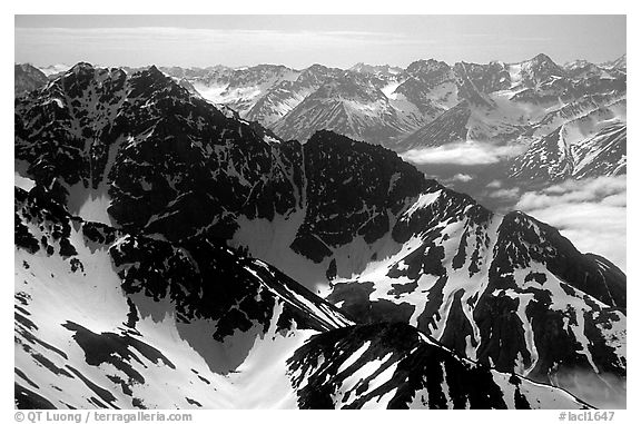 Aerial view of ridges, Chigmit Mountains. Lake Clark National Park (black and white)
