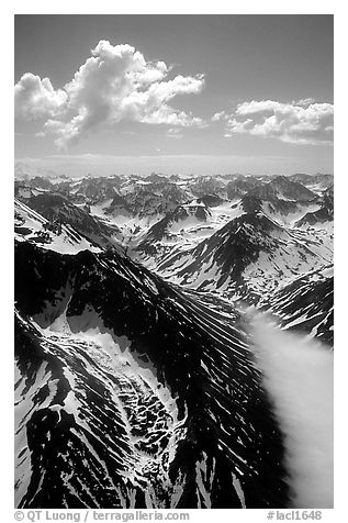 Aerial view of rocky peaks with snow, Chigmit Mountains. Lake Clark National Park (black and white)