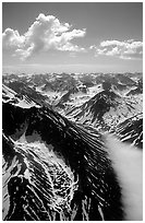 Aerial view of rocky peaks with snow, Chigmit Mountains. Lake Clark National Park, Alaska, USA. (black and white)