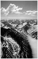 Aerial view of rocky peaks with snow, Chigmit Mountains. Lake Clark National Park ( black and white)