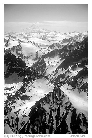 Aerial view of rugged peaks, Chigmit Mountains. Lake Clark National Park (black and white)