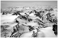 Aerial view of snowy peaks, Chigmit Mountains. Lake Clark National Park, Alaska, USA. (black and white)