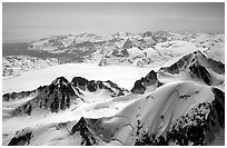 Aerial view of icefields and peaks, Chigmit Mountains. Lake Clark National Park, Alaska, USA. (black and white)