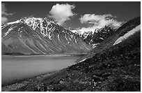 Turquoise waters of Turquoise Lake and Telaquana Mountain. Lake Clark National Park, Alaska, USA. (black and white)