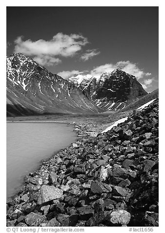 Talus, Turquoise Lake and Telaquana Mountain. Lake Clark National Park, Alaska, USA.