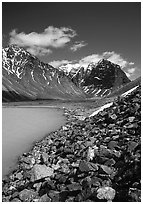 Talus, Turquoise Lake and Telaquana Mountain. Lake Clark National Park ( black and white)