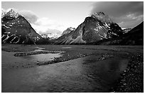 River bar below the Telaquana Mountains, sunset. Lake Clark National Park, Alaska, USA. (black and white)