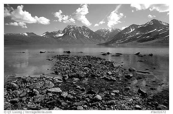 Telaquana Mountains above Turquoise Lake, from the middle of the lake. Lake Clark National Park (black and white)