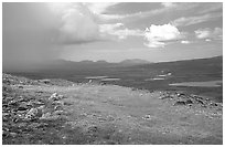 Tundra and valley with storm developping. Lake Clark National Park, Alaska, USA. (black and white)