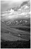 Tundra slopes and Twin Lakes. Lake Clark National Park, Alaska, USA. (black and white)