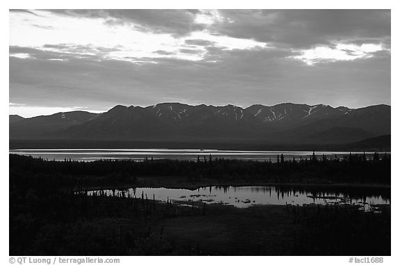 Lake Clark from the base of Tanalian mountain, sunset. Lake Clark National Park (black and white)