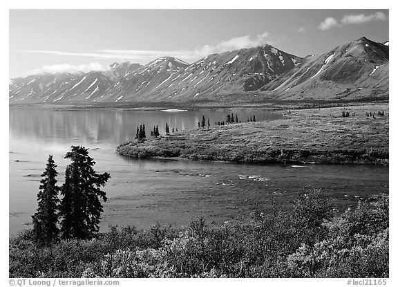 Twin Lakes and river, morning. Lake Clark National Park (black and white)