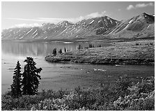 Twin Lakes and river, morning. Lake Clark National Park, Alaska, USA. (black and white)