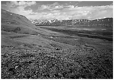 Tundra with Twin Lakes and mountains in the distance. Lake Clark National Park, Alaska, USA. (black and white)