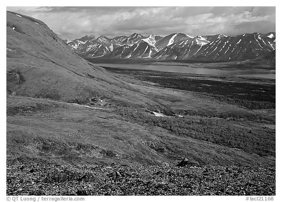 Tundra-covered hills and Twin Lakes. Lake Clark National Park (black and white)