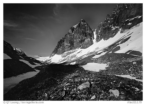 Moraine, neves, and rocky peaks, Telaquana Mountains. Lake Clark National Park (black and white)