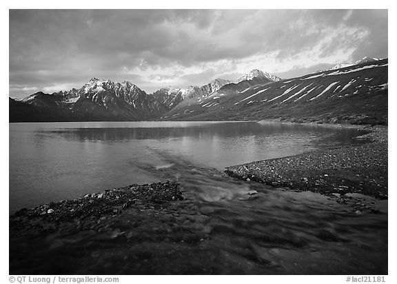 Telaquana Mountains above Turquoise Lake, sunset. Lake Clark National Park (black and white)