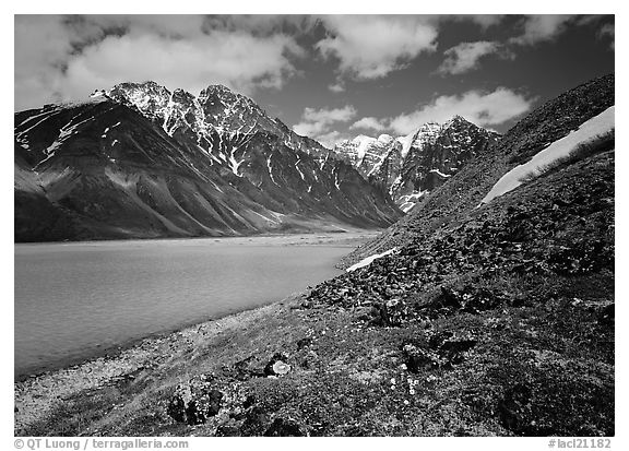 Tundra and mountains raising above Turquoise Lake. Lake Clark National Park, Alaska, USA.