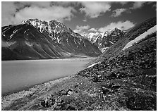 Tundra and mountains raising above Turquoise Lake. Lake Clark National Park ( black and white)